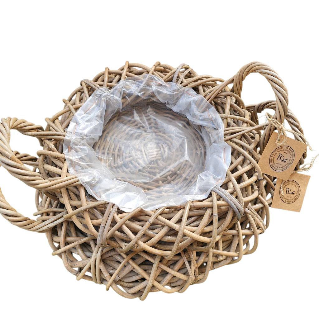 2er Set Pflanzschalen Pflanzkörbe natürliches Rattan grey rund mit Henkel