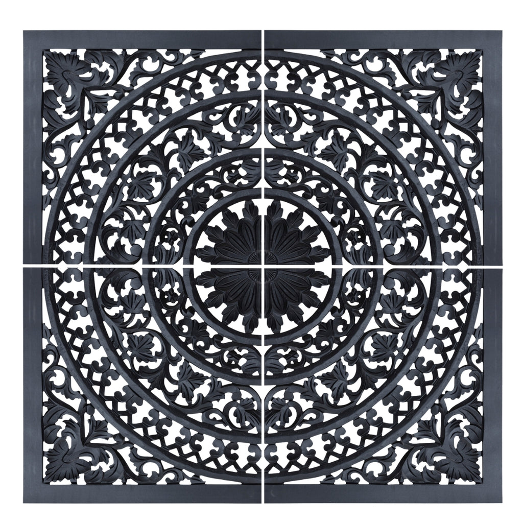 Schwarzes Wandpaneel 120x120 cm | 4-teiliges Ornament Set Wandbild MDF | Boho Ethno Wanddeko | Große Wandkunst Wohnzimmer Schlafzimmer