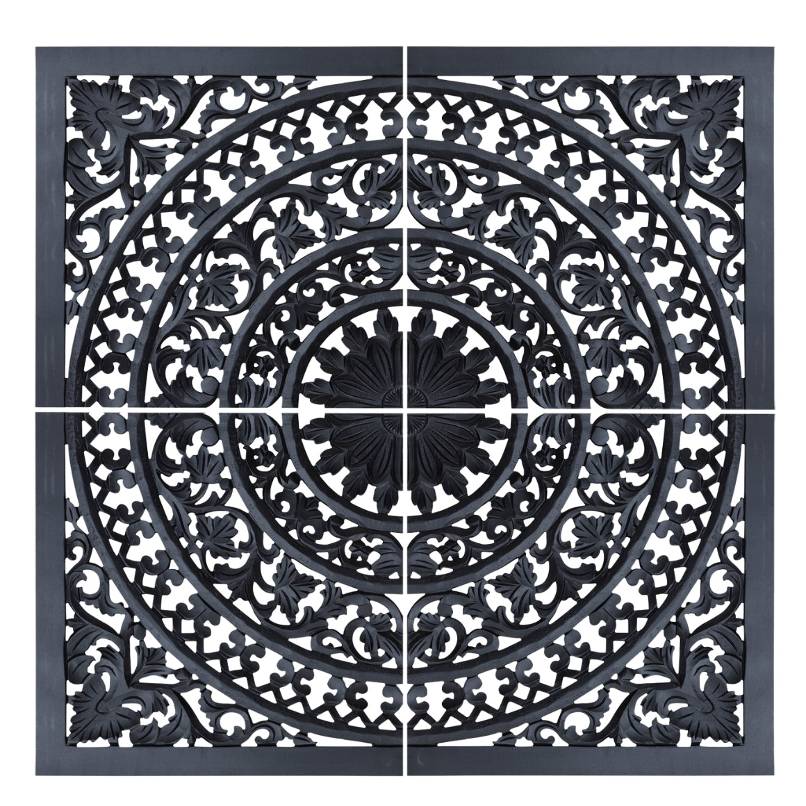 Schwarzes Wandpaneel 120x120 cm | 4-teiliges Ornament Set Wandbild MDF | Boho Ethno Wanddeko | Große Wandkunst Wohnzimmer Schlafzimmer