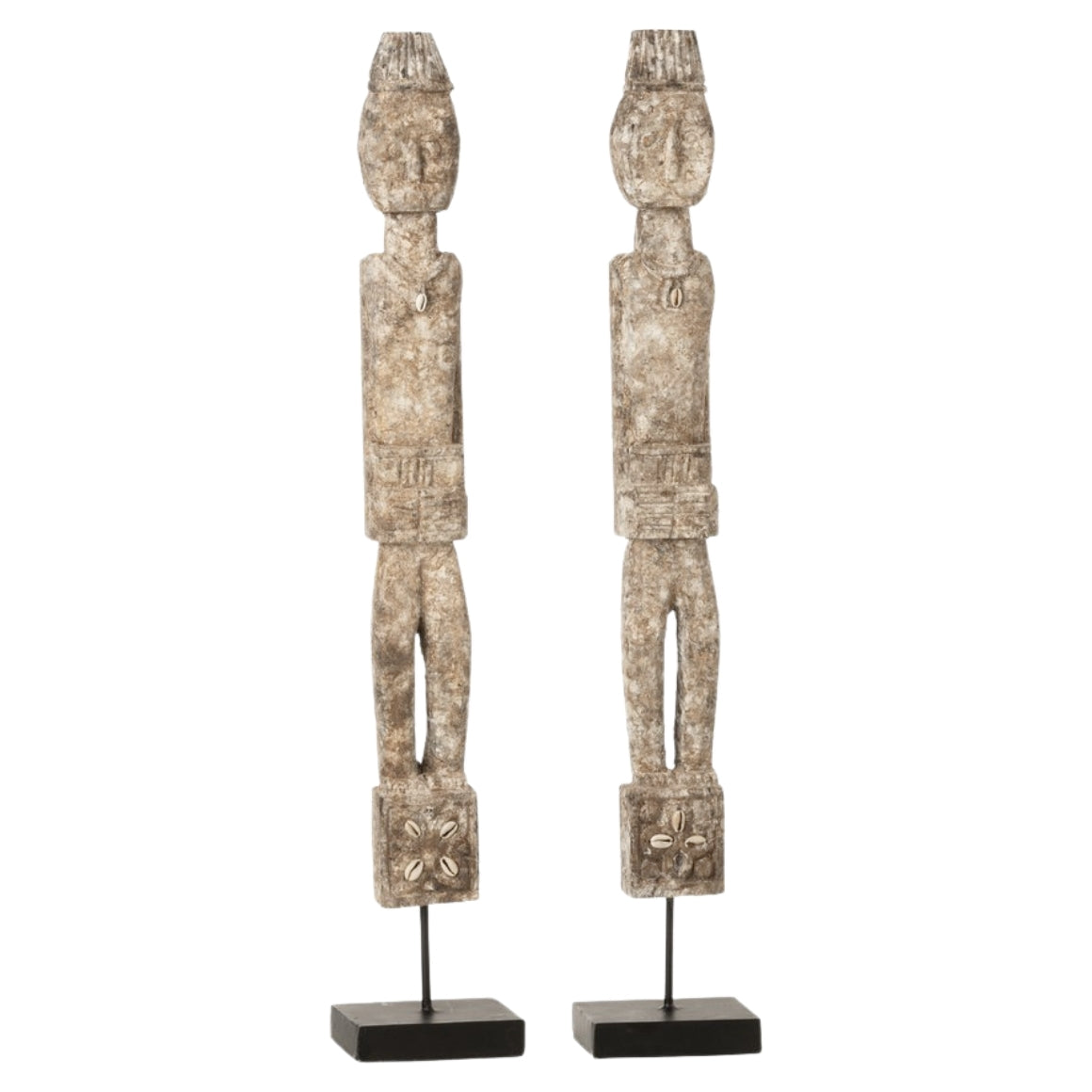 EthnoWood Holzskulpturen Duo 54 cm – Handgefertigte Unikat Figuren auf Sockel – Boho, Landhaus, Kunstobjekt, Wohnaccessoire