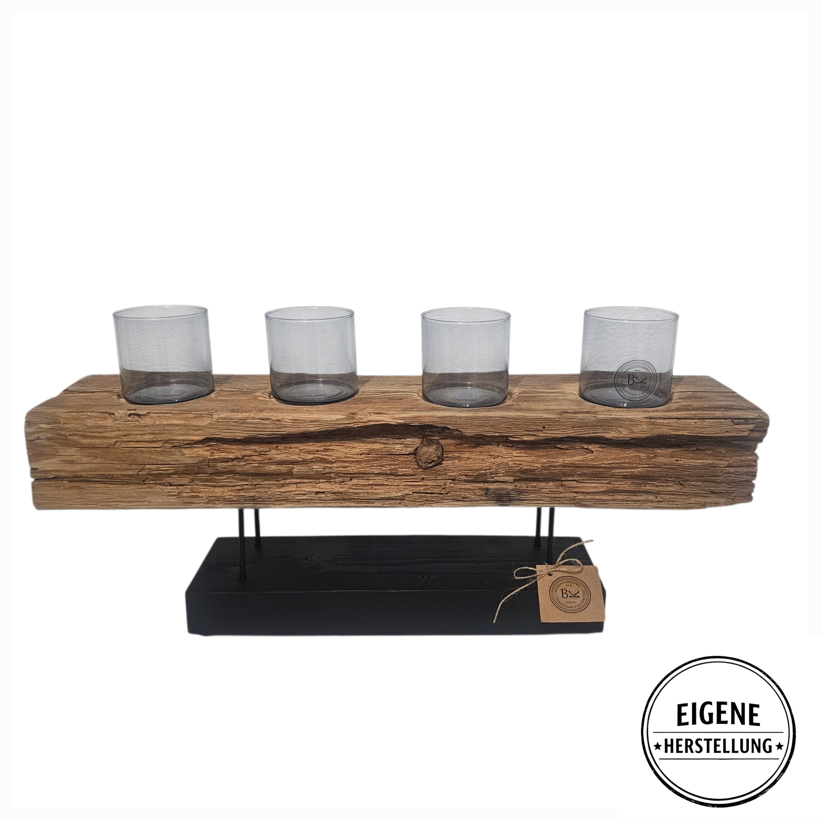 XXL Kerzenhalter aus Altholz Balken – Rustikale Tischdeko mit 4 Gläsern – Vintage Holz Deko – Landhaus & Industrial Stil – Unikat Geschenk