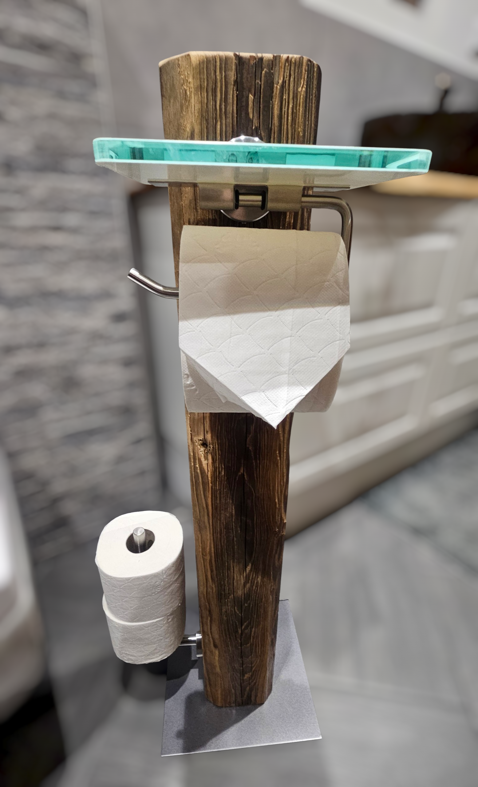 Altholz WC Rollenhalter freistehend – Toilettenpapierhalter 100 Jahre altes Holz inkl. Bürste – Edelstahl gebürstet Milchglas Akzente