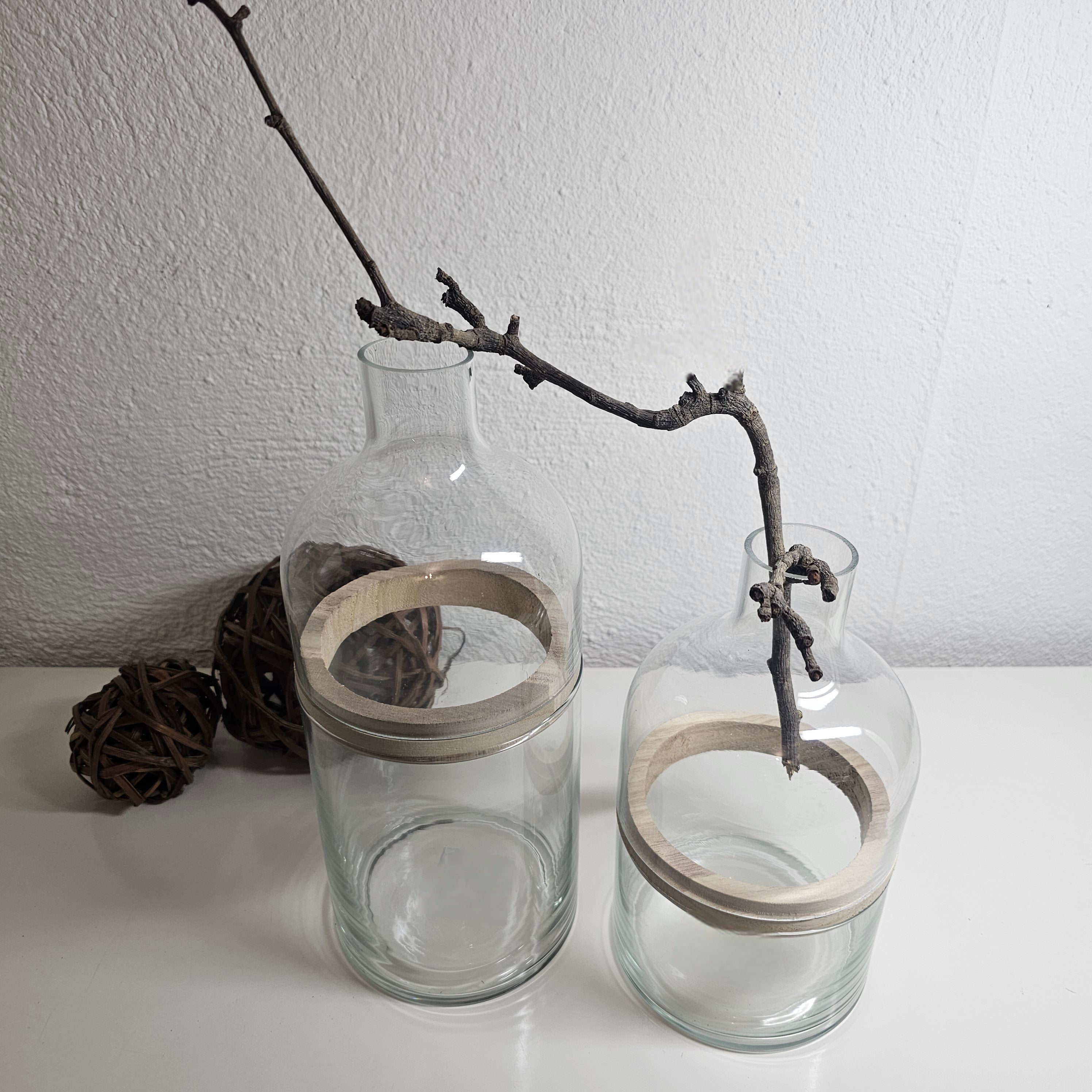 Glasvase 2er Set 3-teilig mit Holzring | Vase Glas Holz skandinavisch | Deko Vase modern minimalistisch | Vase für Gräser Trockenblumen