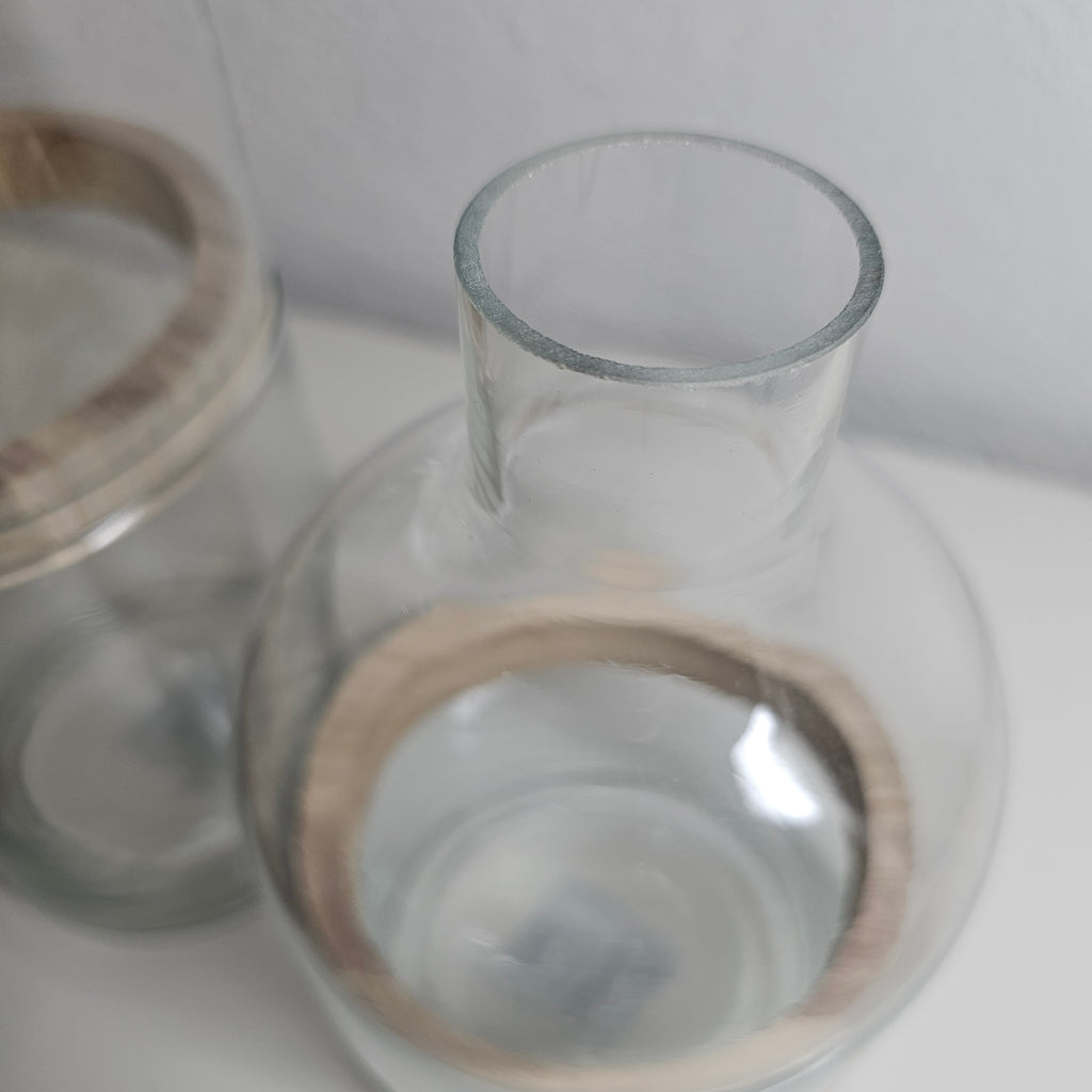 Glasvase 2er Set 3-teilig mit Holzring | Vase Glas Holz skandinavisch | Deko Vase modern minimalistisch | Vase für Gräser Trockenblumen