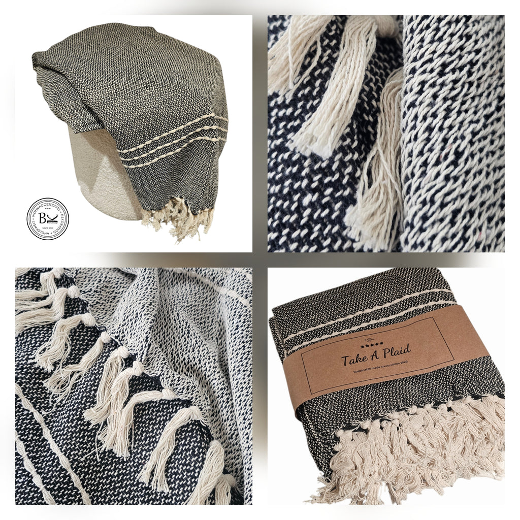 Sofadecke 130x180 cm – Plaid Schwarz-Beige aus recycelter Baumwolle – Überwurf, Boho, Landhaus, Skandinavisch, nachhaltige Decke Geschenk