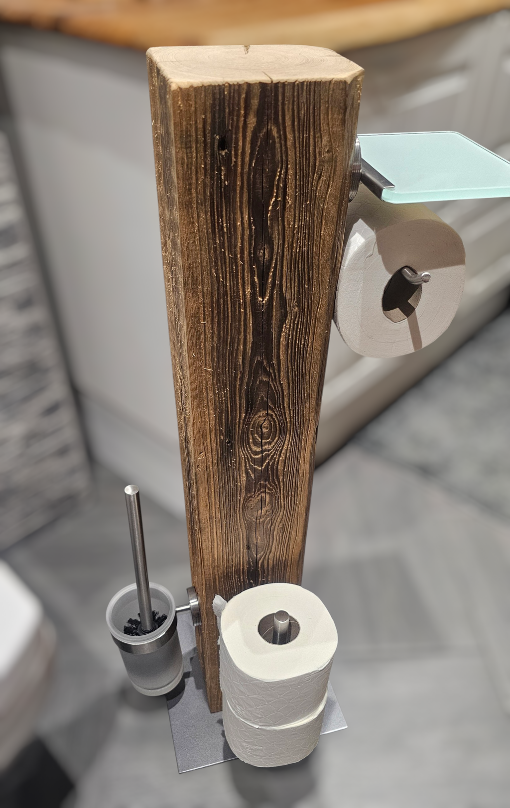 Altholz WC Rollenhalter freistehend – Toilettenpapierhalter 100 Jahre altes Holz inkl. Bürste – Edelstahl gebürstet Milchglas Akzente