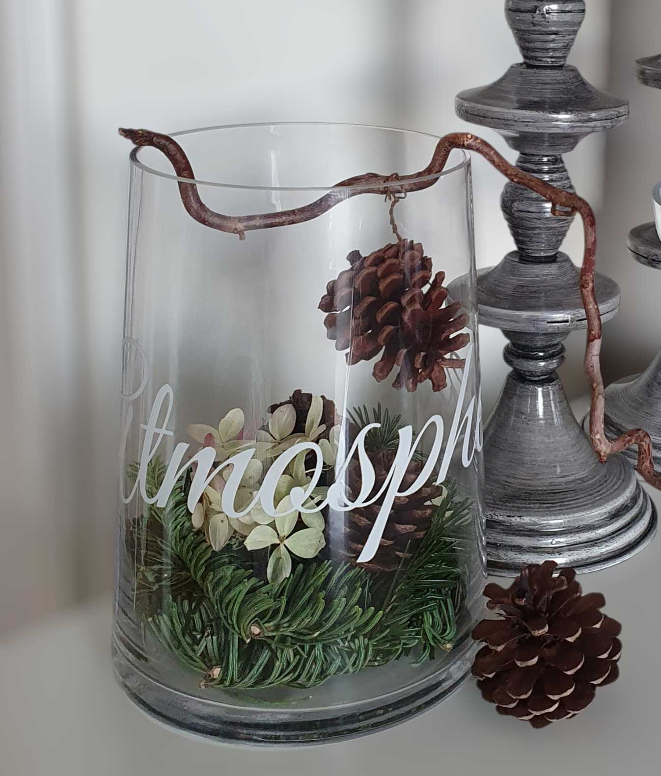 Blumenvase Glasvase Landhaus Vintage Shabby Schriftzug "Atmospheres"