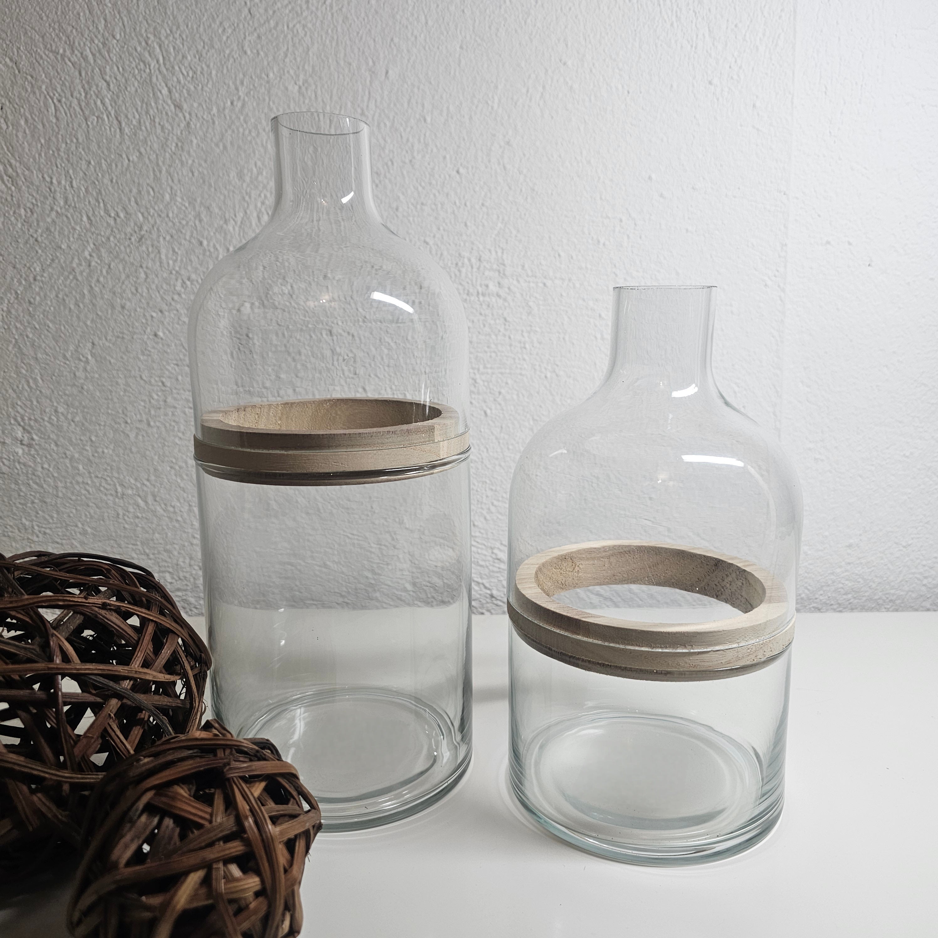 Glasvase 2er Set 3-teilig mit Holzring | Vase Glas Holz skandinavisch | Deko Vase modern minimalistisch | Vase für Gräser Trockenblumen