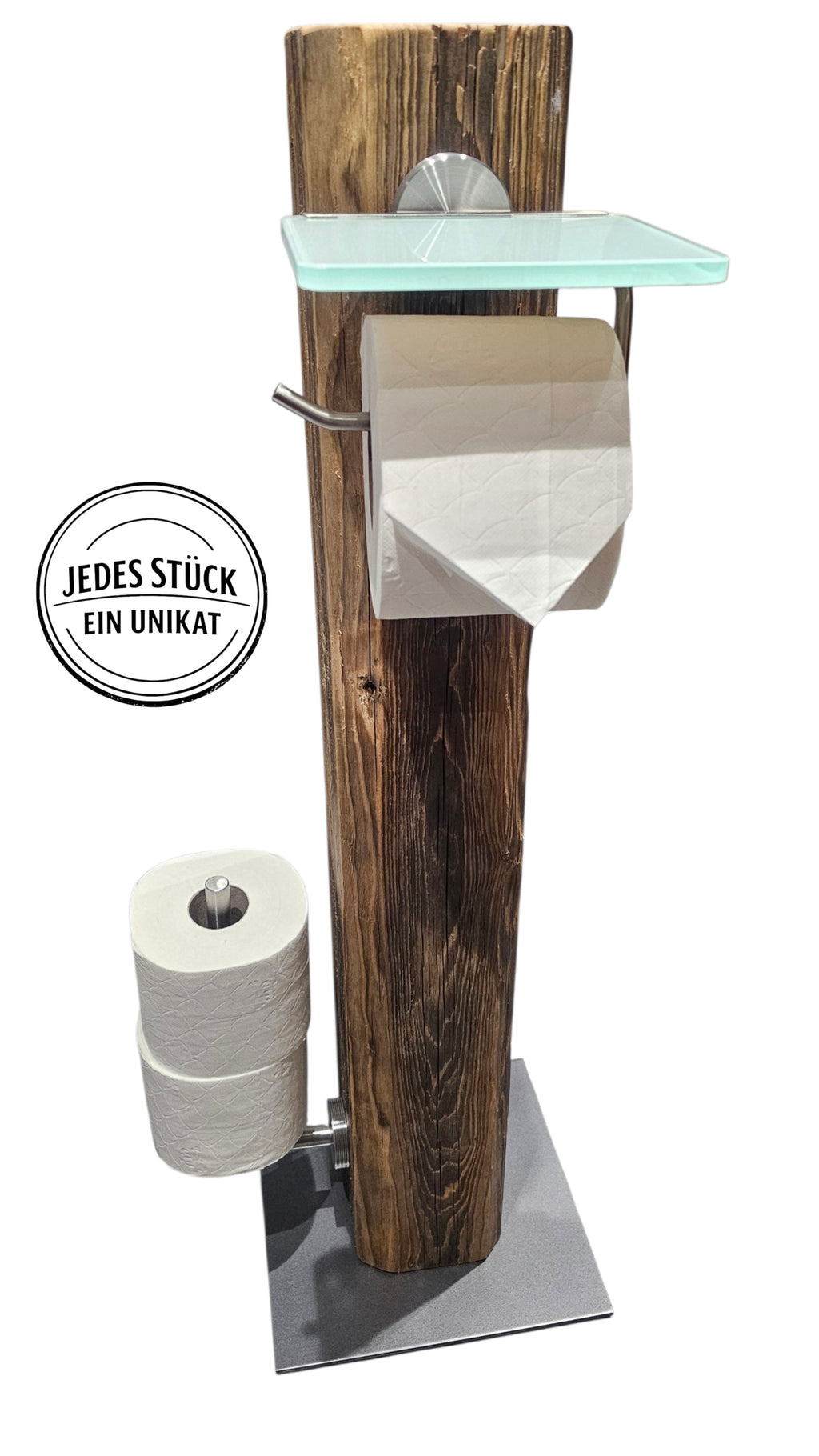 Altholz WC Rollenhalter freistehend – Toilettenpapierhalter 100 Jahre altes Holz inkl. Bürste – Edelstahl gebürstet Milchglas Akzente