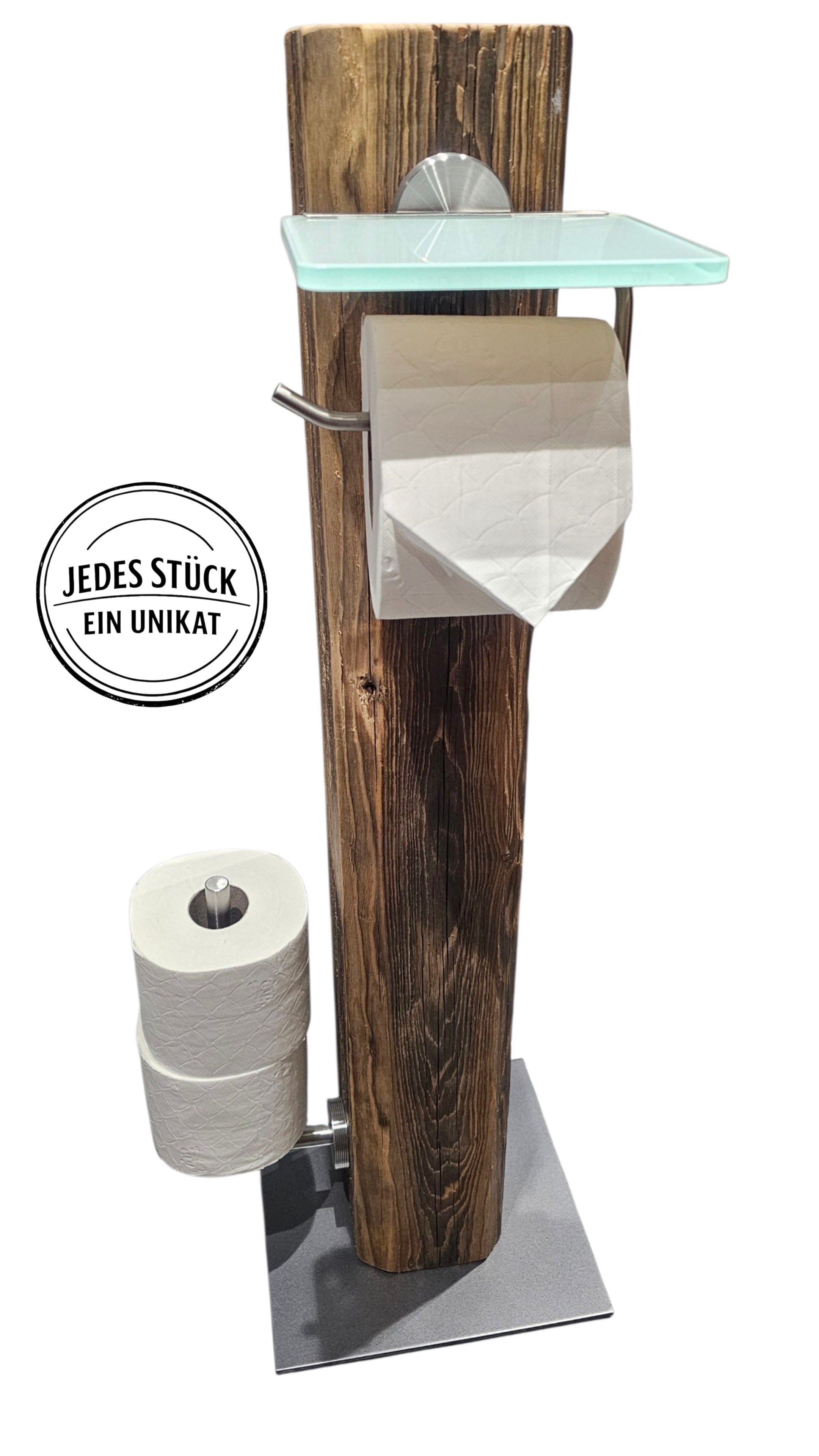 Altholz WC Rollenhalter freistehend – Toilettenpapierhalter 100 Jahre altes Holz inkl. Bürste – Edelstahl gebürstet Milchglas Akzente