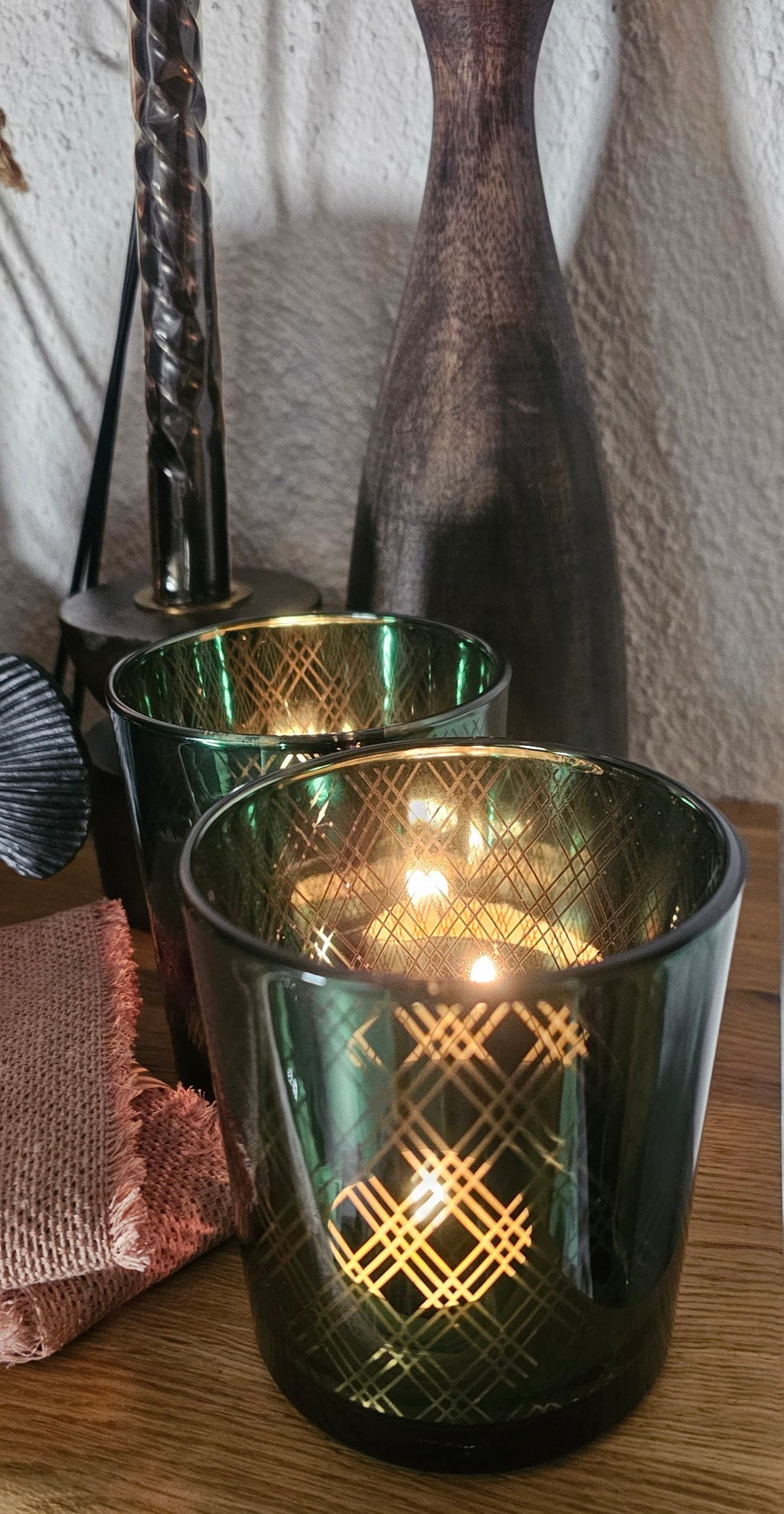 Windlicht Set aus Glas in Tannengrün mit Rautenmuster – stilvolle Teelichthalter für gemütliche Deko | Countryfield