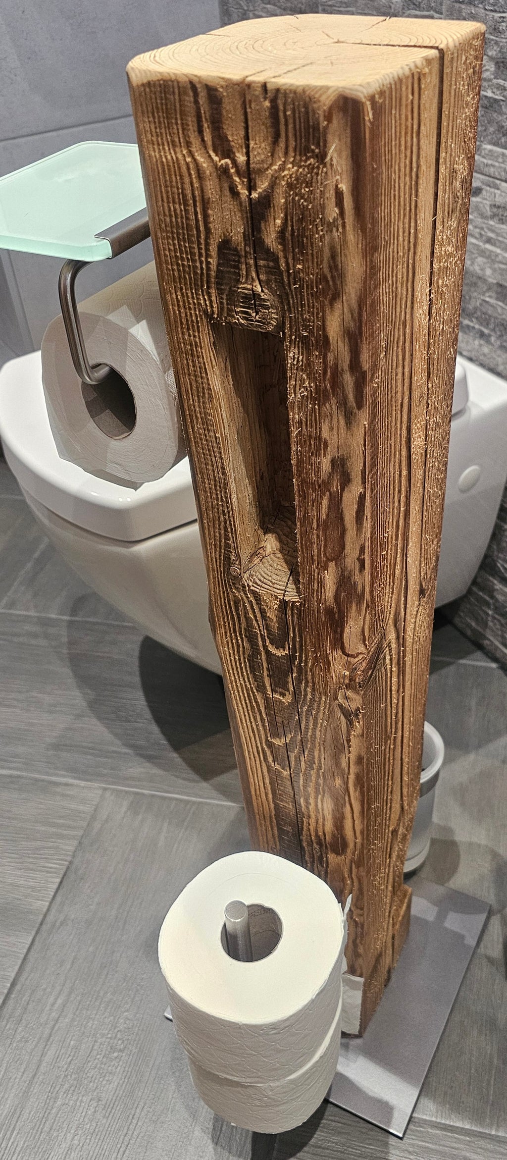 WC Rollenhalter aus Altholzbalken ca. 100 Jahre - freistehend – Toilettenpapierhalter mit WC-Bürste– Edelstahl gebürstet Milchglas Ablage