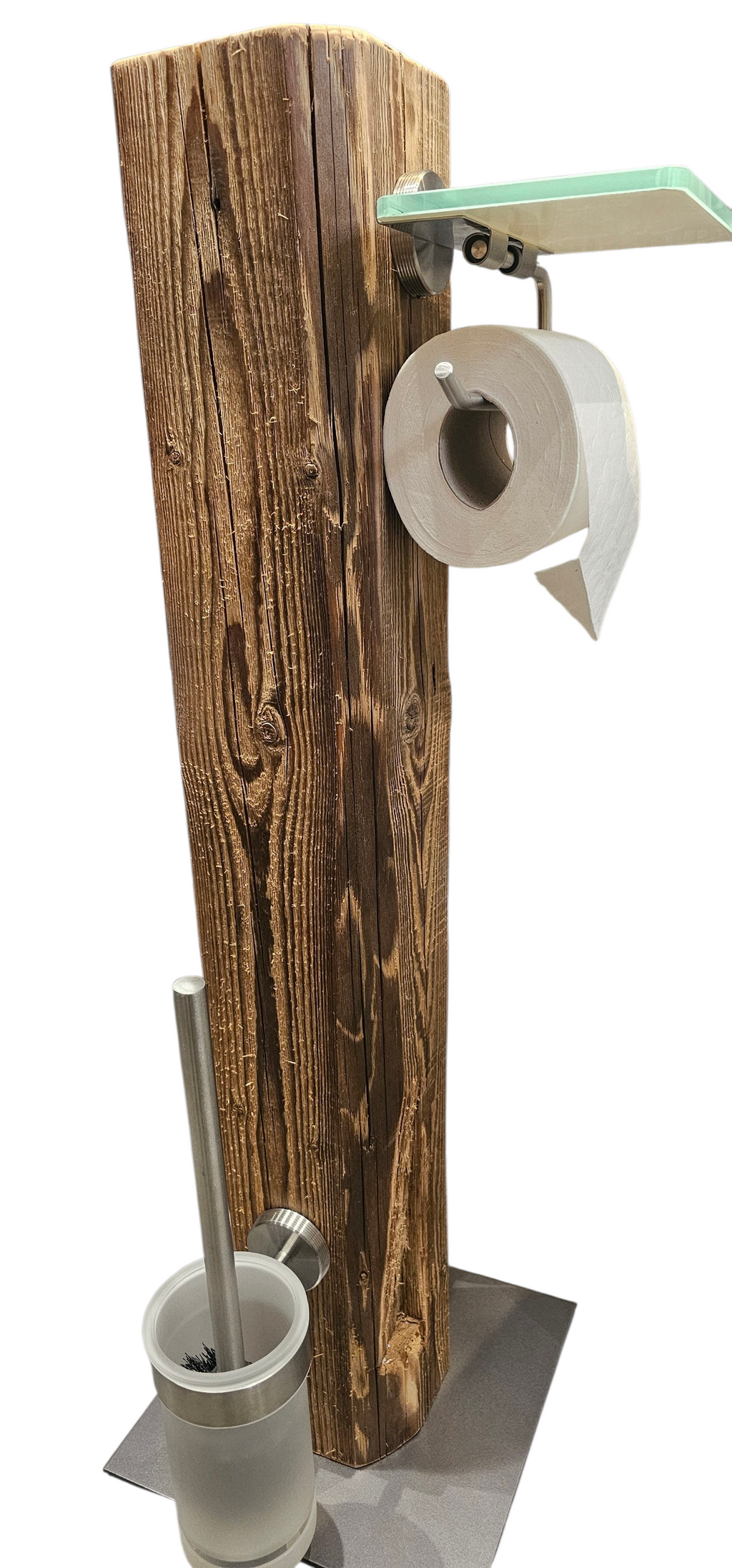 WC Rollenhalter aus Altholzbalken ca. 100 Jahre - freistehend – Toilettenpapierhalter mit WC-Bürste– Edelstahl gebürstet Milchglas Ablage