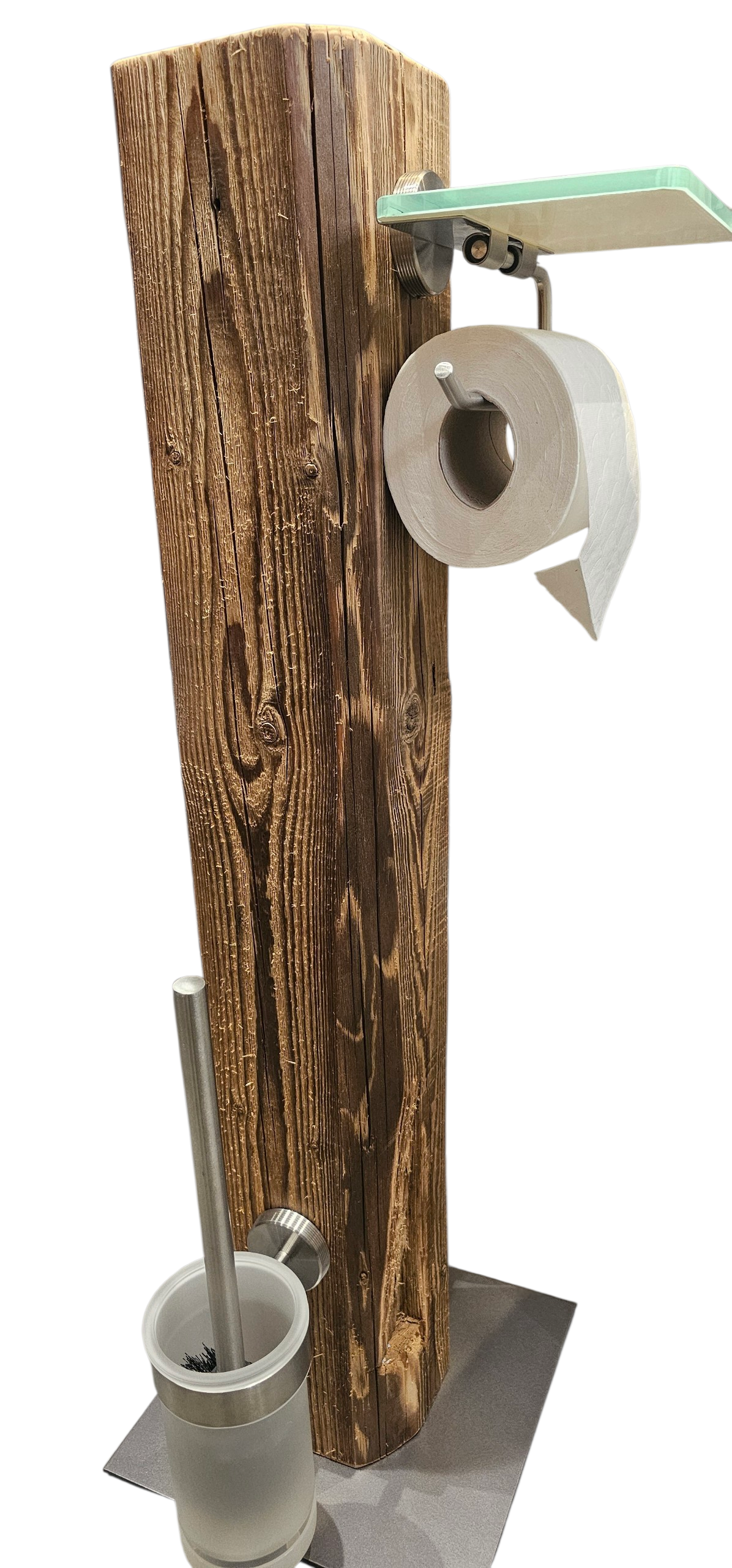 WC Rollenhalter aus Altholzbalken ca. 100 Jahre - freistehend – Toilettenpapierhalter mit WC-Bürste– Edelstahl gebürstet Milchglas Ablage