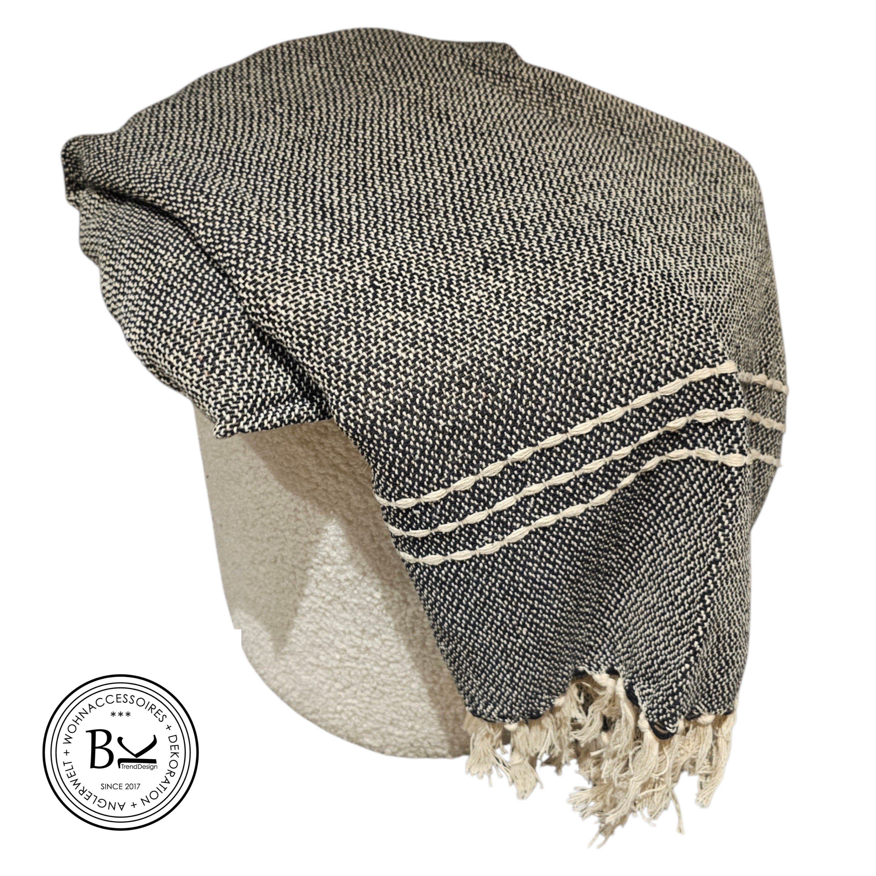 Sofadecke 130x180 cm – Plaid Schwarz-Beige aus recycelter Baumwolle – Überwurf, Boho, Landhaus, Skandinavisch, nachhaltige Decke Geschenk