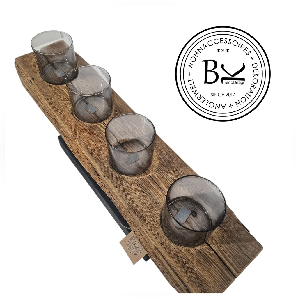 XXL Kerzenhalter aus Altholz Balken – Rustikale Tischdeko mit 4 Gläsern – Vintage Holz Deko – Landhaus & Industrial Stil – Unikat Geschenk
