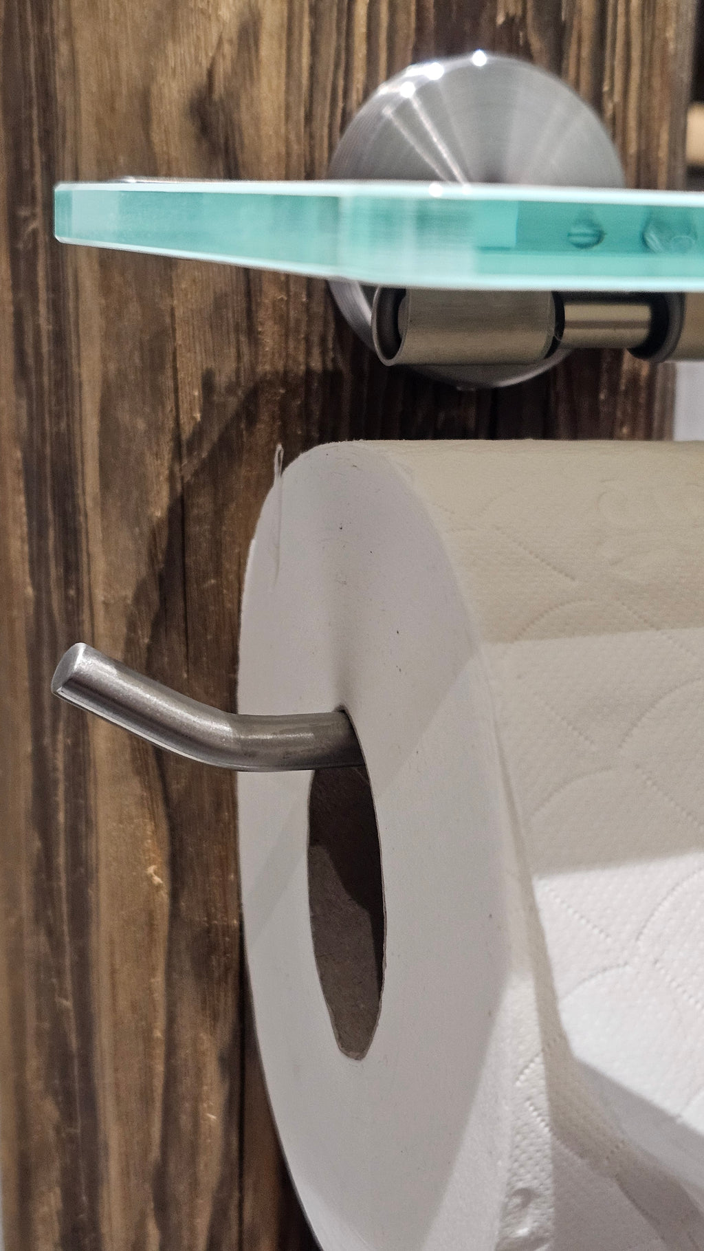 Altholz WC Rollenhalter freistehend – Toilettenpapierhalter 100 Jahre altes Holz inkl. Bürste – Edelstahl gebürstet Milchglas Akzente