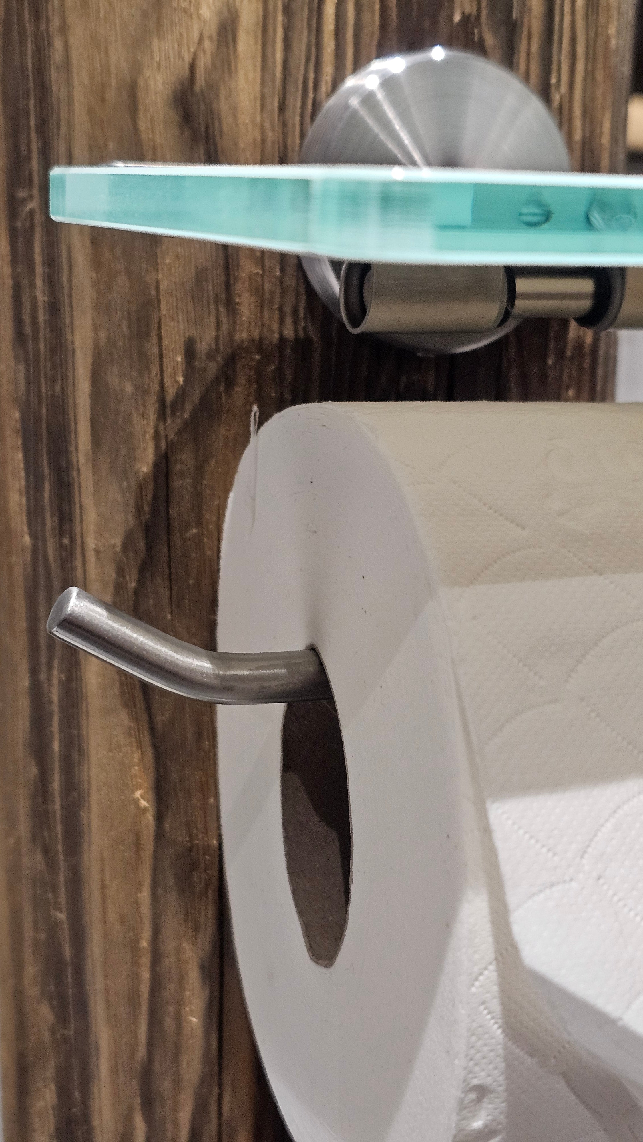 Altholz WC Rollenhalter freistehend – Toilettenpapierhalter 100 Jahre altes Holz inkl. Bürste – Edelstahl gebürstet Milchglas Akzente