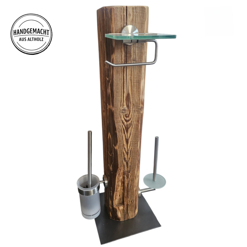 WC Rollenhalter aus Altholzbalken ca. 100 Jahre - freistehend – Toilettenpapierhalter mit WC-Bürste– Edelstahl gebürstet Milchglas Ablage