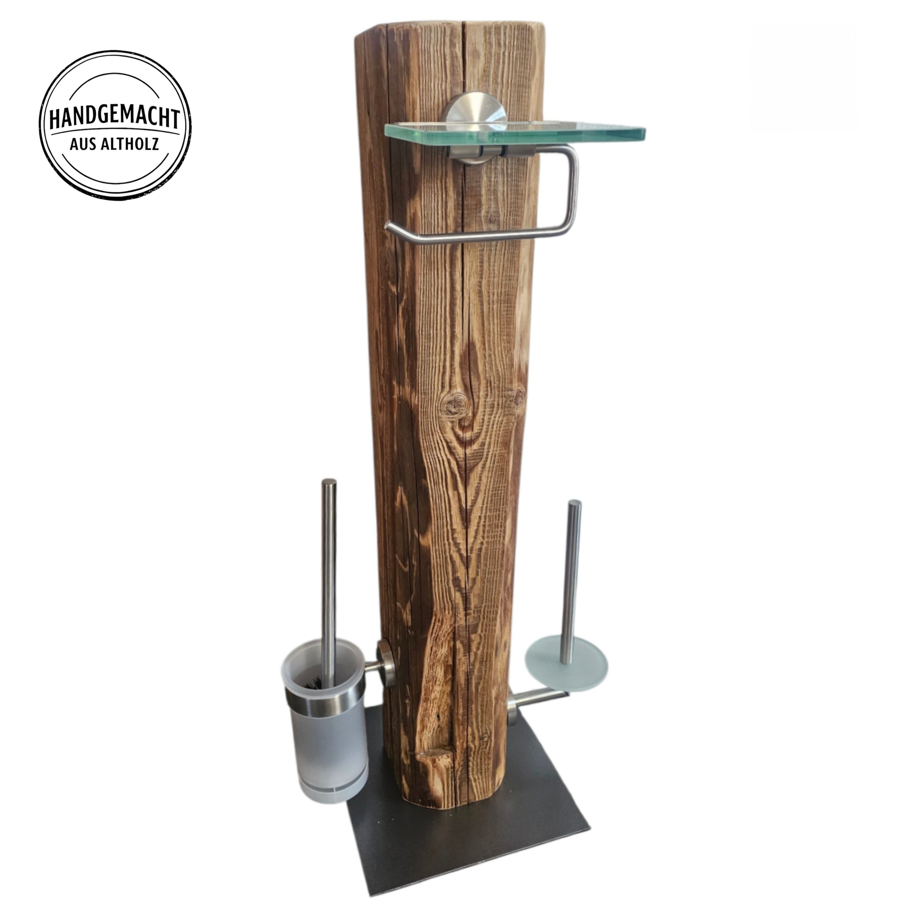 WC Rollenhalter aus Altholzbalken ca. 100 Jahre - freistehend – Toilettenpapierhalter mit WC-Bürste– Edelstahl gebürstet Milchglas Ablage