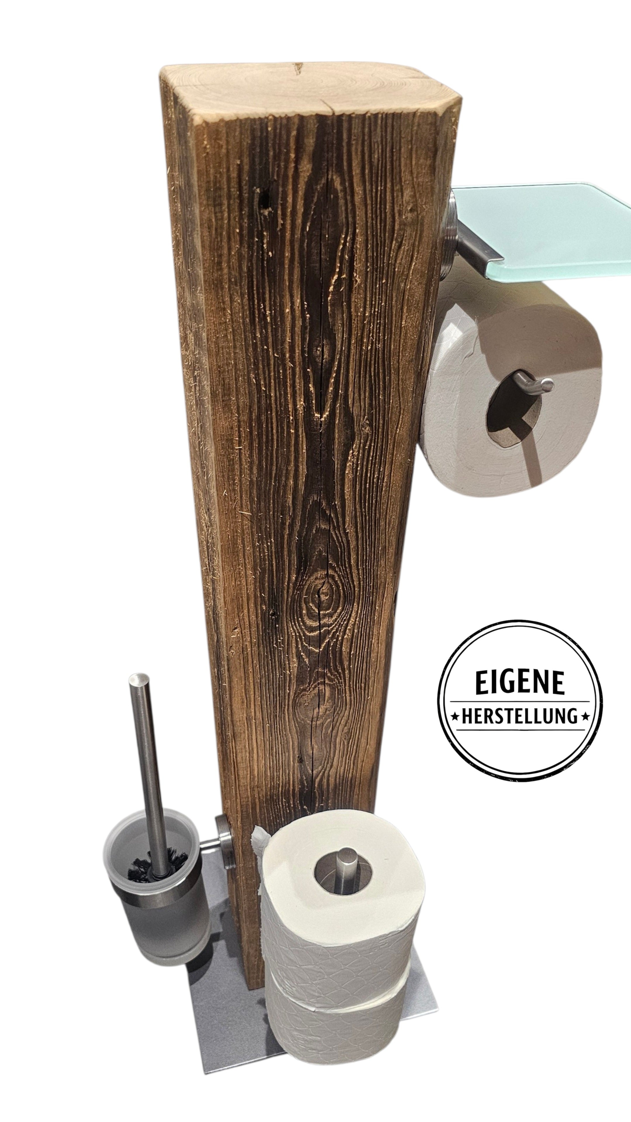 Altholz WC Rollenhalter freistehend – Toilettenpapierhalter 100 Jahre altes Holz inkl. Bürste – Edelstahl gebürstet Milchglas Akzente