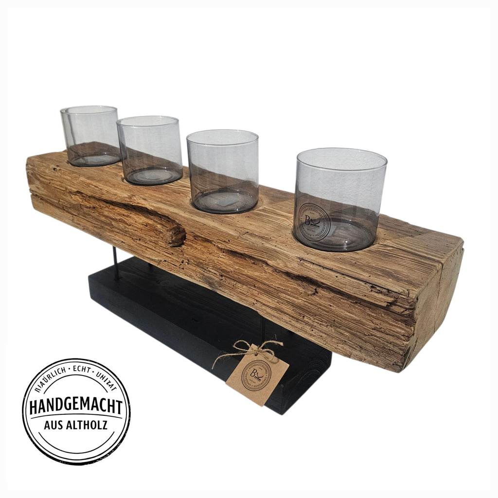 XXL Kerzenhalter aus Altholz Balken – Rustikale Tischdeko mit 4 Gläsern – Vintage Holz Deko – Landhaus & Industrial Stil – Unikat Geschenk