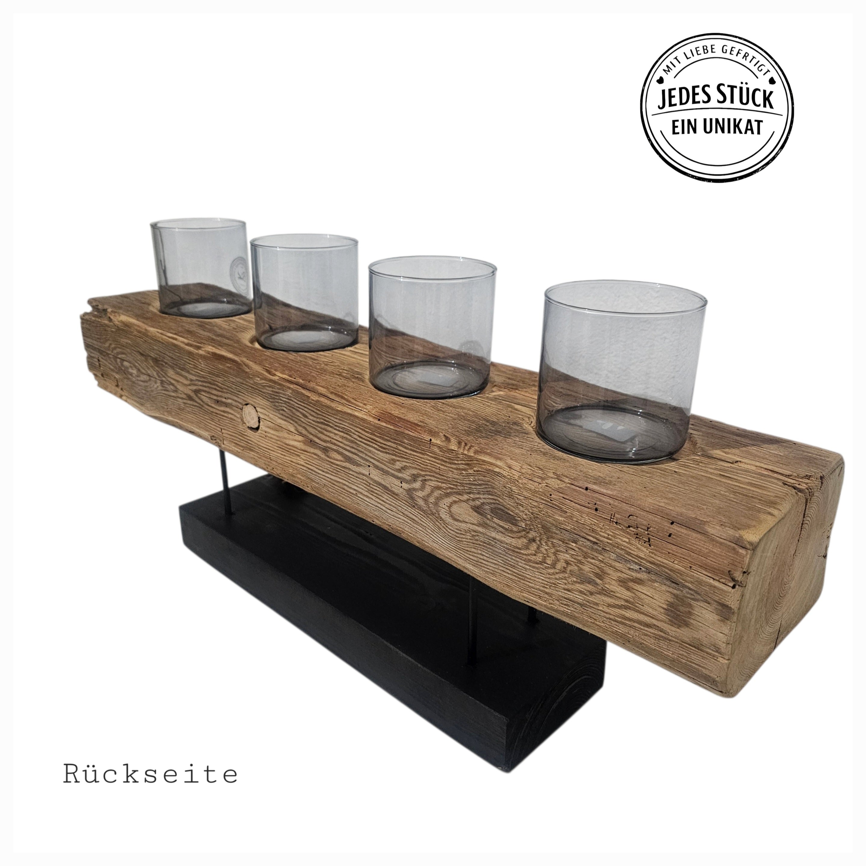 XXL Kerzenhalter aus Altholz Balken – Rustikale Tischdeko mit 4 Gläsern – Vintage Holz Deko – Landhaus & Industrial Stil – Unikat Geschenk
