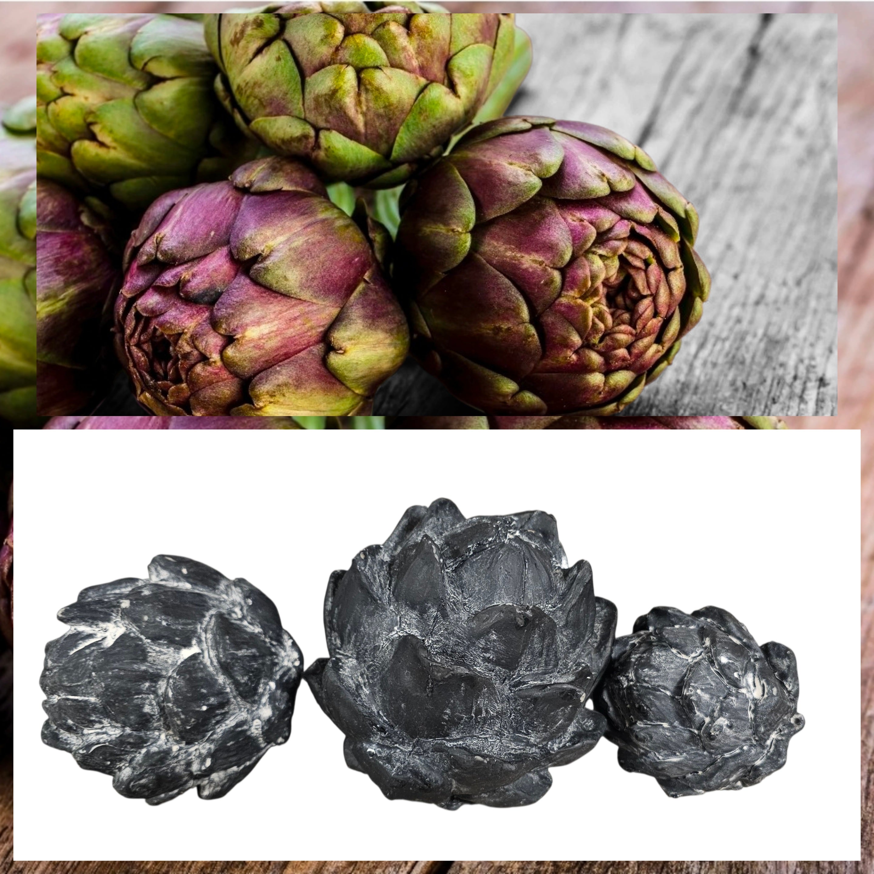 Artischocken Deko Set 3er – Mediterrane Tischdeko Landhausstil – Anthrazit Weiß Skulpturen – Vintage Home Decor Geschenkidee