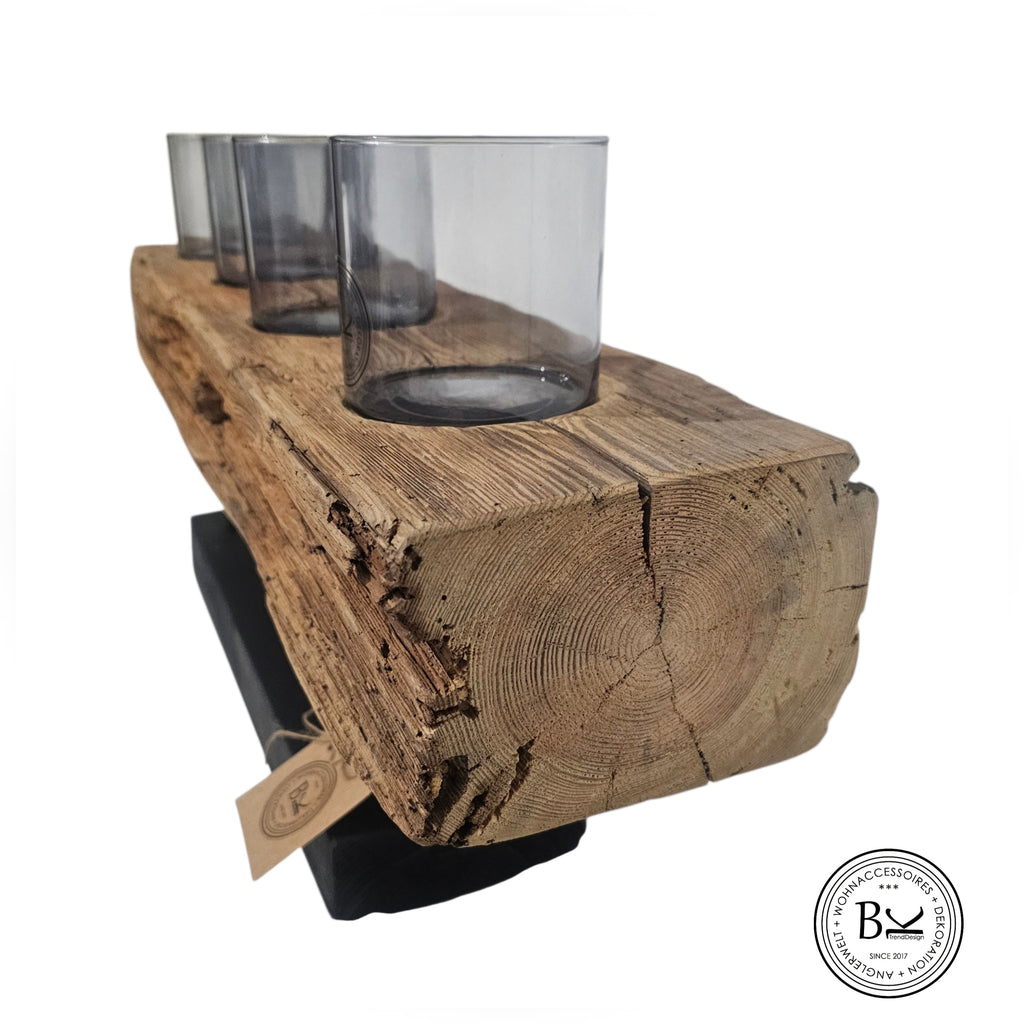 XXL Kerzenhalter aus Altholz Balken – Rustikale Tischdeko mit 4 Gläsern – Vintage Holz Deko – Landhaus & Industrial Stil – Unikat Geschenk