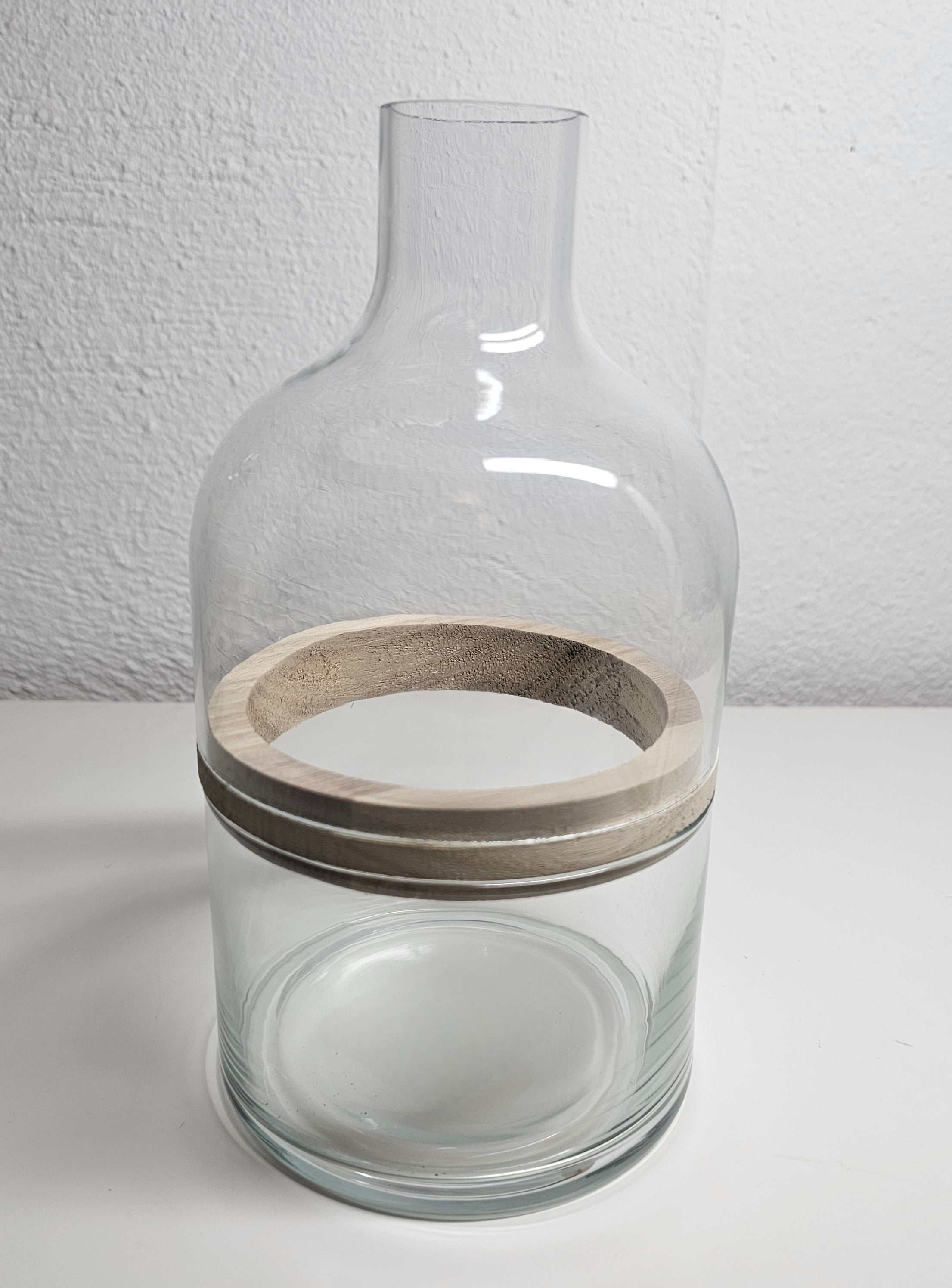 Glasvase 2er Set 3-teilig mit Holzring | Vase Glas Holz skandinavisch | Deko Vase modern minimalistisch | Vase für Gräser Trockenblumen
