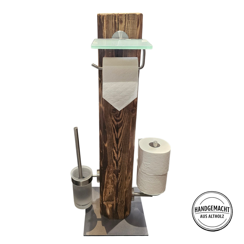 WC Rollenhalter aus Altholzbalken ca. 100 Jahre - freistehend – Toilettenpapierhalter mit WC-Bürste– Edelstahl gebürstet Milchglas Ablage