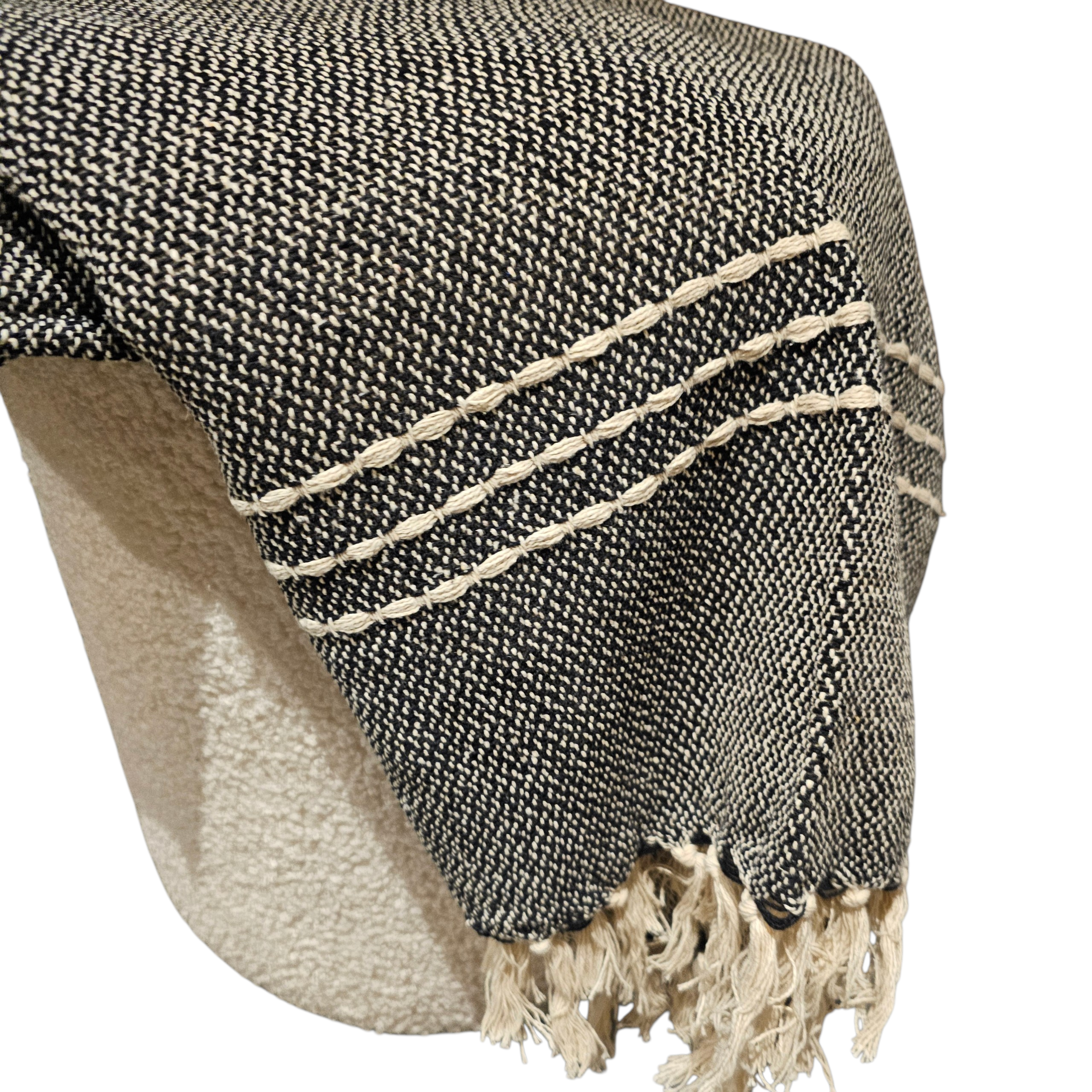 Sofadecke 130x180 cm – Plaid Schwarz-Beige aus recycelter Baumwolle – Überwurf, Boho, Landhaus, Skandinavisch, nachhaltige Decke Geschenk