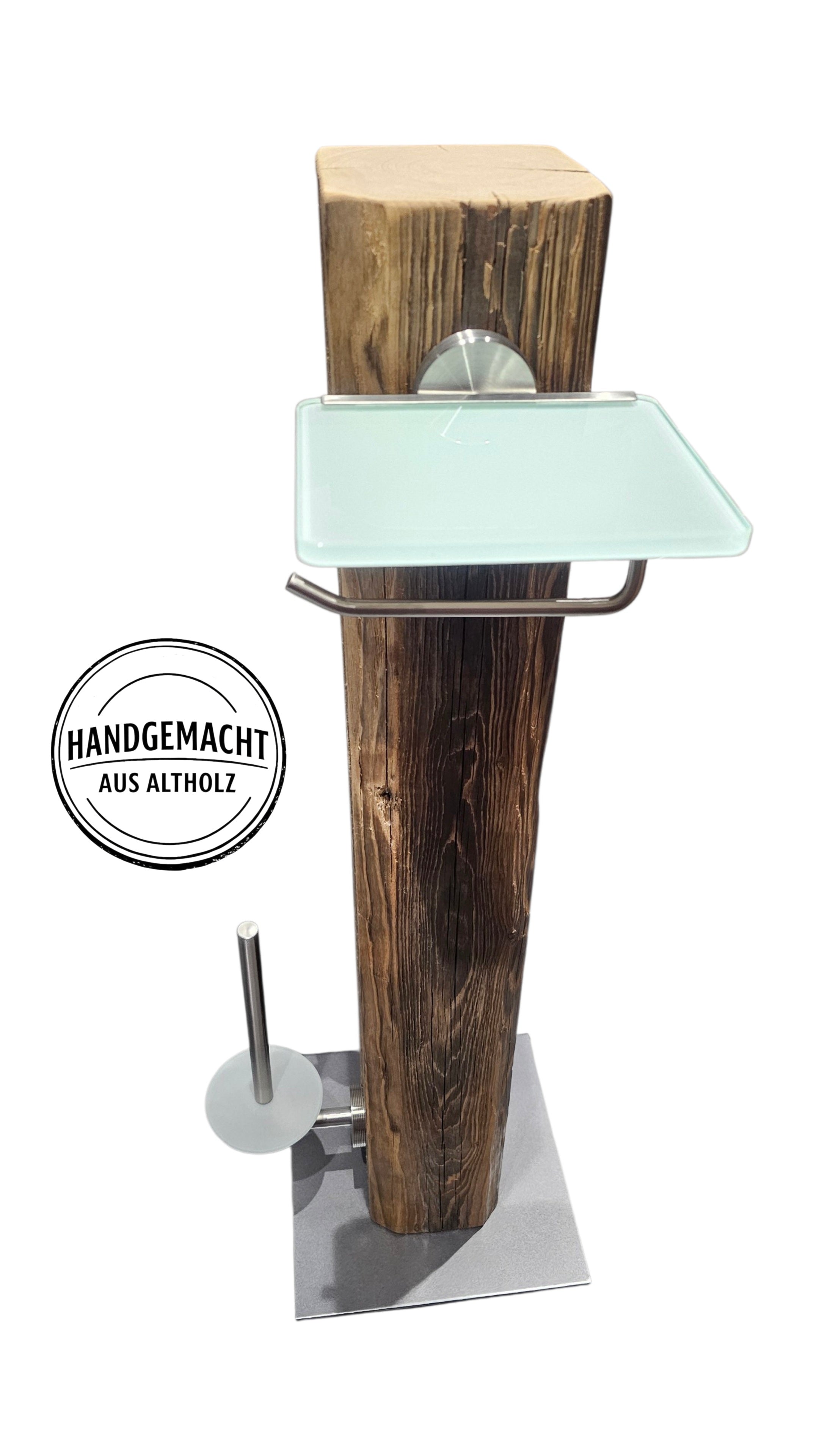 Altholz WC Rollenhalter freistehend – Toilettenpapierhalter 100 Jahre altes Holz inkl. Bürste – Edelstahl gebürstet Milchglas Akzente