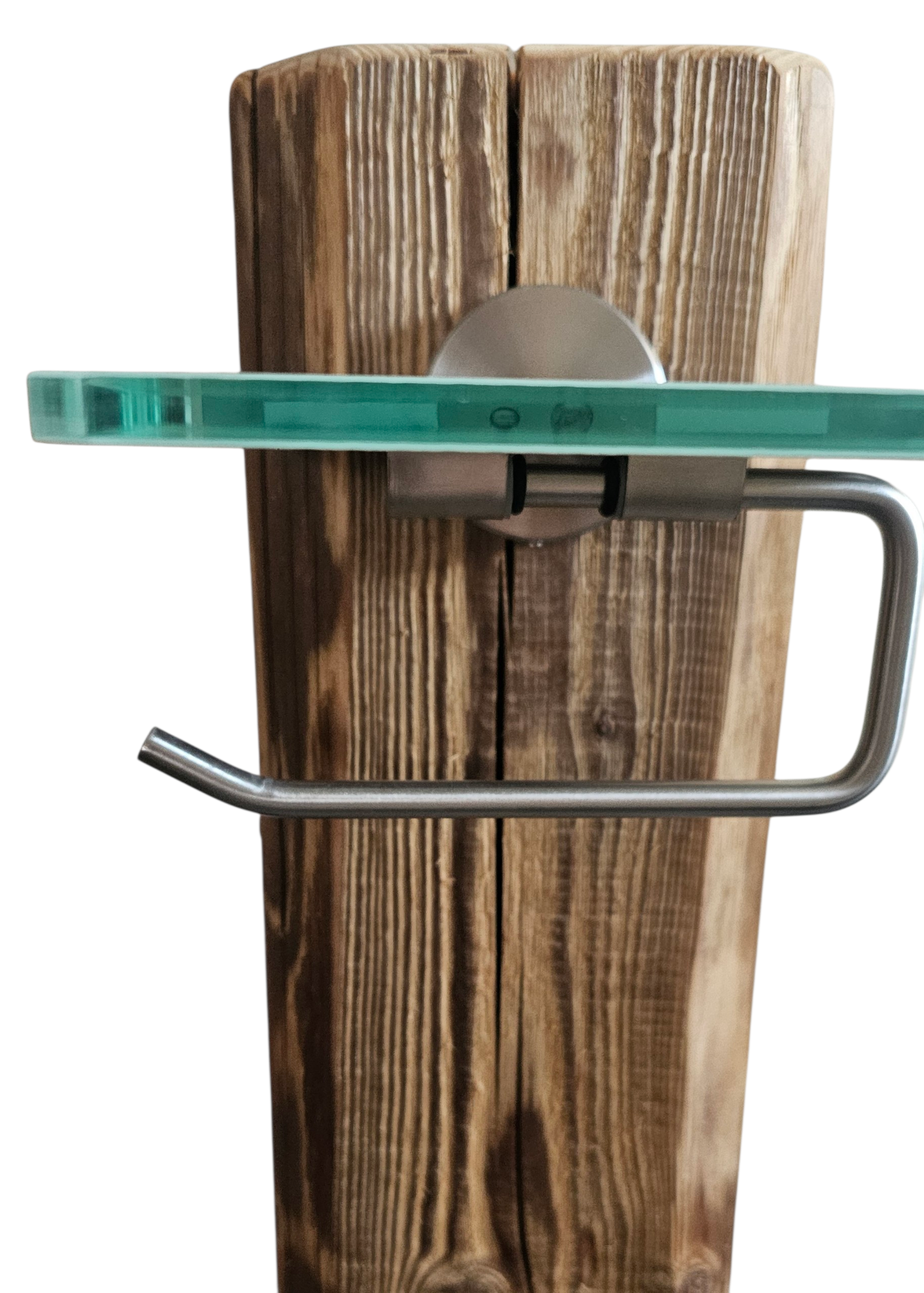 WC Rollenhalter aus Altholzbalken ca. 100 Jahre - freistehend – Toilettenpapierhalter mit WC-Bürste– Edelstahl gebürstet Milchglas Ablage