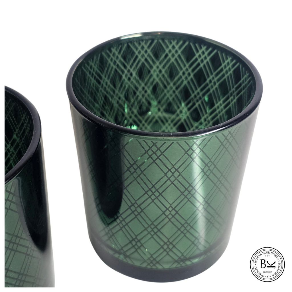 Windlicht Set aus Glas in Tannengrün mit Rautenmuster – stilvolle Teelichthalter für gemütliche Deko | Countryfield