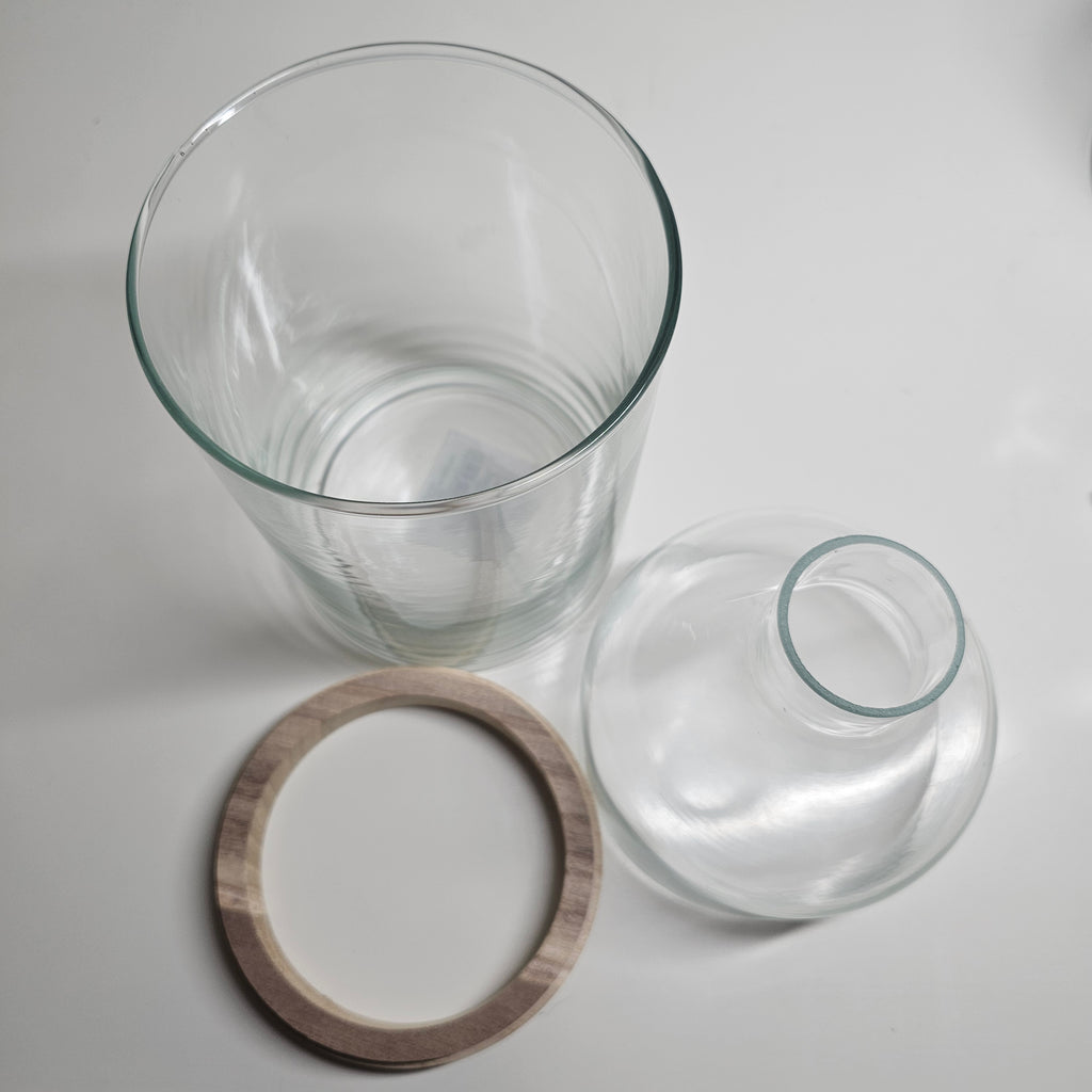 Glasvase 2er Set 3-teilig mit Holzring | Vase Glas Holz skandinavisch | Deko Vase modern minimalistisch | Vase für Gräser Trockenblumen